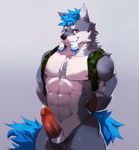  abs absurd_res balls canine clothing colored dog erection hi_res looking_at_viewer male mammal muscular pecs penis simple_background solo teasing underwear unknown_artist 