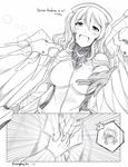  1girl 2koma blush bodysuit comic cosplay crossover english gloves greyscale highres holding holding_staff kantai_collection kashima_(kantai_collection) mechanical_halo mechanical_wings mercy_(overwatch) mercy_(overwatch)_(cosplay) monochrome overwatch smile so_moe_i'm_gonna_die! spread_wings staff twintails wangphing wings 