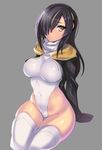  black_hair black_jacket brown_eyes covered_navel emperor_penguin_(kemono_friends) grey_background hair_over_one_eye headphones hevn highleg highleg_leotard jacket kemono_friends leotard long_hair looking_at_viewer multicolored_hair open_clothes sitting solo thighhighs white_legwear white_leotard 