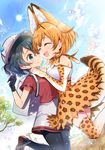  ^_^ animal_ears backpack bag bangs black_gloves black_hair black_legwear bow bowtie breast_press breasts closed_eyes commentary_request dutch_angle elbow_gloves face-to-face gloves hands_on_another's_shoulders hat hat_feather helmet high-waist_skirt jumping kaban_(kemono_friends) kemono_friends multiple_girls open_mouth orange_hair pantyhose pantyhose_under_shorts pith_helmet print_bow print_gloves print_legwear print_skirt red_shirt serval_(kemono_friends) serval_ears serval_print serval_tail shirt shoes short_hair short_sleeves shorts skirt smile sun tail thighhighs twitter_username yukiko_(tesseract) yuri zettai_ryouiki |d 
