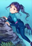  against_rock ariatsuki ass bangs beads blue_bodysuit blue_hair bodysuit breasts cleavage closed_mouth coral day flippers floating_hair freediving from_side full_body high_ponytail highres leaning_forward leg_lift lips long_hair looking_at_viewer love_live! love_live!_sunshine!! matsuura_kanan medium_breasts open_clothes outdoors parted_bangs ponytail purple_eyes rock sidelocks skin_tight solo swept_bangs underwater water wetsuit 