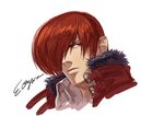  absurdres artist_name bangs birthday collar fur_collar highres male_focus official_art ogura_eisuke portrait red_eyes red_hair signature simple_background sketch snk solo the_king_of_fighters the_king_of_fighters_xiv yagami_iori 