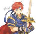  armor blue_armor blue_eyes fire_emblem fire_emblem:_fuuin_no_tsurugi headband holding holding_sword holding_weapon looking_at_viewer male_focus red_hair roy_(fire_emblem) shourou_kanna smile sword weapon 