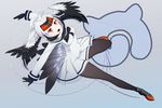  black_hair blonde_hair blush bow bowtie feathered_wings gloves grey_background grey_hair japari_symbol kemono_friends long_hair multicolored_hair open_mouth pantyhose ponytail red_eyes red_hair scarf simple_background skates solo tamakou white-naped_crane_(kemono_friends) white_hair wings 