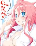  blue_eyes blush breasts disgaea english highres iwasi-r looking_at_viewer medium_breasts open_clothes open_mouth open_shirt pink_hair pointy_ears shirt smile solo vulcanus_(disgaea_4) 