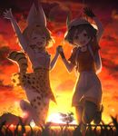  :d ^_^ animal_ears animal_print backlighting backpack bag bare_shoulders black_gloves black_hair black_legwear blonde_hair blurry bow closed_eyes commentary_request depth_of_field elbow_gloves full_body gloves hat hat_feather highres holding_hands jumping kaban_(kemono_friends) kemono_friends looking_at_viewer multiple_girls nature open_mouth outdoors pantyhose serval_(kemono_friends) serval_ears serval_print serval_tail shirt short_hair shorts skirt sky sleeveless sleeveless_shirt smile sun sunrise t-shirt tail thighhighs tree vsi0v white_shirt |d 