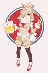  alcohol alpaca_ears alpaca_suri_(kemono_friends) alpaca_tail animal_ears beer beer_mug blonde_hair breast_pocket breasts chromatic_aberration commentary_request cup full_body fur_collar green_eyes hair_over_one_eye highres holding holding_cup kamameshi_gougoumaru kemono_friends paper pen pocket ponytail ribbon shoes short_sleeves sketchpad smile solo tail thighhighs 