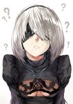  ? absurdres black_dress blindfold breasts cleavage cum cum_on_clothes cum_on_hair dress facial facing_viewer hairband hews_hack highres lips mole mole_under_mouth nier_(series) nier_automata paid_reward parted_lips patreon_reward short_hair silver_hair small_breasts solo upper_body yorha_no._2_type_b 