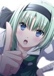  :o ascot bangs black_hairband black_ribbon bloom blue_eyes blush collarbone commentary cosplay foreshortening green_hair green_vest hair_ribbon hairband hand_on_hip index_finger_raised konpaku_youmu konpaku_youmu_(cosplay) leaning_forward looking_at_viewer nori_tamago open_mouth puffy_short_sleeves puffy_sleeves ribbon scolding shiki_eiki short_hair short_sleeves solo touhou v-shaped_eyebrows vest 