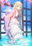  barefoot blonde_hair blue_eyes fence floral_print full_body japanese_clothes kimono layered_clothing leaning_forward long_hair looking_at_viewer original solo sukja very_long_hair water wide_sleeves wooden_fence 