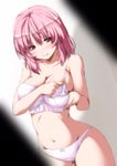  absurdres adjusting_bra adjusting_clothes bangs blush bow bow_panties bra breasts cleavage closed_mouth collarbone cowboy_shot groin highres large_breasts lingerie navel nori_tamago panties pink_hair red_eyes saigyouji_yuyuko sideboob solo stomach touhou underwear underwear_only white_bra white_panties wide_hips 