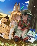 :d ^_^ animal_ears backpack bag black_gloves black_hair black_legwear blonde_hair bow bowtie closed_eyes commentary_request day elbow_gloves gloves hat helmet highres kaban_(kemono_friends) kemono_friends lucky_beast_(kemono_friends) mtu_(orewamuzituda) multiple_girls open_mouth outdoors pantyhose paper_airplane pith_helmet red_shirt serval_(kemono_friends) serval_ears serval_print serval_tail shirt short_hair shorts sitting smile tail thighhighs white_shorts |d 