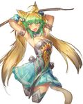  animal_ears armpits atalanta_(fate) bare_shoulders blonde_hair blush bow_(weapon) cat_ears cat_tail commentary_request dress fate/apocrypha fate_(series) flat_chest green_eyes green_hair hair_ribbon highres long_hair looking_at_viewer melon22 multicolored_hair open_mouth ribbon simple_background solo tail thighhighs twintails wavy_mouth weapon white_background 