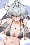  bikini blush breasts collarbone detached_sleeves english fingerless_gloves gloves grey_hair hair_between_eyes hair_wings highres incoming_hug kemono_friends large_breasts multicolored_hair navel shoebill_(kemono_friends) simple_background solo speech_bubble swimsuit wo_jianqiang_fu_guo yellow_eyes 