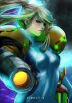  1girl arm_cannon blonde_hair blue_bodysuit bodysuit commentary english_commentary high_ponytail looking_at_viewer metroid nintendo pink_lips ponytail power_armor power_suit samus_aran skin_tight varia_suit vibratix weapon zero_suit 