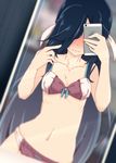  black_hair bow bow_bra bra cellphone collarbone covered_eyes hair_over_one_eye hair_ribbon hayashimo_(kantai_collection) highres kantai_collection long_hair mirror navel panties phone red_bra red_panties ribbon ru2n131 self_shot smartphone solo standing stomach underwear underwear_only very_long_hair white_ribbon 