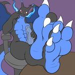  3_toes black_skin blue_skin chair claws dragon erection feet foot_fetish foot_focus horn humanoid_penis legs_up looking_at_viewer male masturbation penile_masturbation penis red_eyes simple_background soles solo teasing toe_claws toes white_claws wings wrinkles zp92 