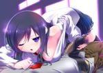  1boy 1girl bare_shoulders black_hair black_legwear blue_eyes breasts hand_on_another&#039;s_chest handjob highres large_breasts long_hair looking_at_viewer one_eye_closed open_mouth pov sockjob socks_removed 