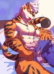  abs absurd_res balls canine censored colored erection feline fellatio hi_res looking_at_viewer male male/male mammal muscular nude oral pecs penis precum sex simple_background tiger unknown_artist 