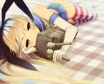  aqua_eyes blonde_hair elbow_gloves gloves hairband highres kantai_collection long_hair lying on_side otogi_kyouka rensouhou-chan revision shimakaze_(kantai_collection) skirt striped striped_legwear thighhighs white_gloves 