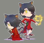  alternate_costume alternate_hairstyle animal_ears black_hair cat cat_ears cat_tail chibi cinder_fall commentary_request dual_persona earrings fire hair_over_one_eye high_heels iesupa jewelry pantyhose rwby sad tail tears yellow_eyes 
