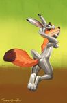  canine conditional_dnp costume disney fluffy fluffy_tail fox fur gradient_background male mammal nick_wilde orange_fur rubber simple_background smile solo trunchbull zootopia 