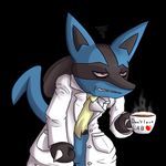  &lt;3 2017 ambiguous_gender beverage black_background black_fur blue_fur canine clothed clothing coffee cup english_text fur half-closed_eyes lab_coat lucario mammal nintendo partially_clothed pok&eacute;mon red_eyes simple_background solo spikes teeth text unknownlifeform video_games yellow_fur 