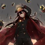  aiming_at_viewer arm_up bangs belt black_hair black_pants black_shirt cape commentary_request cowboy_shot family_crest fate/grand_order fate_(series) gloves grin gun hat koha-ace long_hair long_sleeves looking_at_viewer military military_hat military_uniform oda_nobunaga_(fate) oda_uri pants peaked_cap pointing pointing_at_viewer red_eyes reluvy shirt smile solo uniform weapon white_gloves 