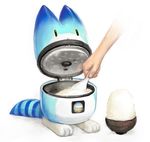  food holding ka92 kemono_friends lucky_beast_(kemono_friends) out_of_frame rice rice_bowl rice_cooker rice_spoon simple_background spoon striped_tail tail themed_object white_background 