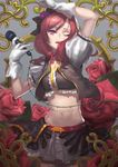  ;o absurdres arm_up black_bow black_vest bow commentary_request cowboy_shot crop_top floral_background flower gloves hair_bow hair_flower hair_ornament highres hiyashi_yaki idol looking_at_viewer love_live! love_live!_school_idol_project microphone navel nishikino_maki no_brand_girls one_eye_closed open_clothes open_vest pink_eyes plant puffy_short_sleeves puffy_sleeves purple_flower purple_rose red_flower red_hair red_rose rose short_sleeves skirt solo stomach thorns vest vines white_gloves white_skirt 