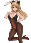  animal_ears bare_shoulders blonde_hair blush breasts brown_legwear bunny_ears bunny_girl bunny_tail bunnysuit cleavage detached_collar fake_animal_ears granblue_fantasy high_heels highres leotard long_hair looking_at_viewer medium_breasts pantyhose red_eyes ryuuji_teitoku shaded_face simple_background smile solo tail vira_lilie white_background wrist_cuffs 