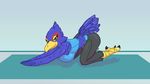  anthro avian beak bird blue_feathers breasts brownie-bytes cosplay crossgender eyelashes falco_lombardi feathers female green_eyes nintendo pheasant smile solo star_fox talons video_games wii_fit wii_fit_trainer 