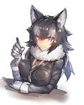  animal_ears bangs black_hair black_jacket blue_eyes breast_pocket breasts closed_mouth commentary_request eyebrows_visible_through_hair fur_collar gloves grey_hair grey_neckwear grey_wolf_(kemono_friends) heterochromia highres jacket kemono_friends large_breasts long_hair long_sleeves looking_at_viewer melon22 multicolored_hair necktie pen pocket smile solo tsurime two-tone_hair upper_body white_gloves wolf_ears yellow_eyes 