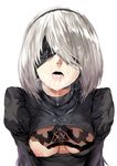  absurdres after_fellatio black_dress blindfold breasts breasts_apart cum cum_in_mouth cum_on_clothes cum_on_hair dress facial facing_viewer hairband hews_hack highres lips mole mole_under_mouth nier_(series) nier_automata nipples one_breast_out open_mouth oral paid_reward patreon_reward short_hair silver_hair small_breasts solo tongue tongue_out upper_body yorha_no._2_type_b 