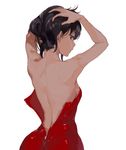  backless_dress backless_outfit bare_back black_hair brown_eyes dress from_behind highres holding holding_hair konbu_wakame looking_back nape original red_dress revision short_dress solo unzipped white_background 