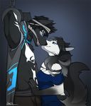  angiewolf anthro black_hair black_nose blue_eyes breasts canine chain clothed clothing dog duo female hair male mammal open_mouth simple_background smile teeth 