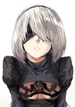 absurdres arms_at_sides bangs black_dress black_hairband blindfold breasts covered_eyes dress facing_viewer gradient gradient_background grin hair_over_one_eye hairband hews_hack highres juliet_sleeves lips long_sleeves mole mole_under_mouth nier_(series) nier_automata no_bra paid_reward parted_bangs patreon_reward pink_lips puffy_sleeves see-through short_hair silver_hair small_breasts smile solo stitches turtleneck underboob underboob_cutout upper_body white_background yorha_no._2_type_b 