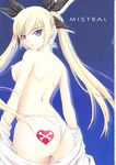  1girl ass ass_tattoo blonde_hair breasts earrings heart heart_tattoo long_hair looking_at_viewer looking_back mistral_nereis panties pointy_ears purple_eyes shining_(series) shining_hearts tattoo topless twintails 
