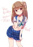  artist_name asahina_momoko bangs black_bra blue_skirt blush bow bra bra_through_clothes brown_hair commentary_request dated eyebrows_visible_through_hair girlfriend_(kari) hair_bow happy_birthday highres konbu_wakame leaning_forward long_hair looking_at_viewer navel parted_lips pink_bow pleated_skirt red_eyes school_uniform see-through serafuku side_ponytail signature simple_background skirt skirt_tug solo standing underwear wet wet_clothes white_background 