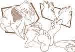  abriika biting_lip black_and_white black_nails book clothing colored_nails feet female flip_flops footwear glowing glowing_eyes humanoid lying monochrome reading robe sandals soles solo toes wiggling_toes zp92 