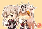  artist_name black_gloves black_ribbon black_serafuku black_skirt blonde_hair brown_eyes capelet chibi commentary_request cross cup frown gloves graf_zeppelin_(kantai_collection) hair_flaps hair_ornament hair_ribbon hairclip holding holding_cup jacket kantai_collection long_hair long_sleeves multiple_girls neckerchief open_mouth orange_background pleated_skirt red_neckwear remodel_(kantai_collection) ribbon scarf school_uniform serafuku short_sleeves sidelocks simple_background skirt taisa_(kari) twintails white_jacket white_scarf yuudachi_(kantai_collection) 