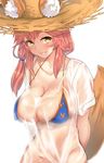  animal_ears bikini bikini_top blue_bikini blush breasts commentary_request ears_through_headwear eyebrows_visible_through_hair fate/grand_order fate_(series) fox_ears fox_tail hat large_breasts long_hair looking_at_viewer navel pink_hair seductive_smile see-through shirt short_sleeves simple_background smile solo stomach straw_hat sun_hat swimsuit t-shirt tail tamamo_(fate)_(all) tamamo_no_mae_(fate) tamamo_no_mae_(swimsuit_lancer)_(fate) untsue upper_body wet wet_clothes white_background white_shirt yellow_eyes 