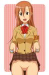  1girl :d armband blazer blush border bow breasts brown_eyes brown_hair censored female goriate heart_censor lifted_by_self long_hair looking_at_viewer no_panties open_mouth outside_border plaid plaid_skirt pleated_skirt pointless_censoring polka_dot polka_dot_background pussy school_uniform seitokai_yakuindomo shichijou_aria shirt skirt smile solo standing 