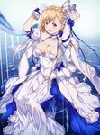  absurdres areolae asymmetrical_gloves bangs bare_shoulders blonde_hair blush braid breasts bridal_gauntlets brown_eyes choker cleavage collarbone commentary_request detached_sleeves djeeta_(granblue_fantasy) dress elysian_(granblue_fantasy) frilled_choker frilled_dress frills gloves granblue_fantasy hair_ornament harp highres instrument looking_at_viewer medium_breasts niko_(tama) nipple_slip nipples open_mouth puffy_short_sleeves puffy_sleeves ribbon short_hair short_sleeves smile solo white_choker white_dress white_gloves wrist_ribbon 