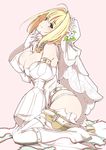  ahoge arm_strap arm_support ass bangs bare_shoulders belt between_legs blonde_hair blush breasts bridal_veil buckle bun_cover bursting_breasts chain cleavage closed_mouth detached_collar detached_sleeves eyebrows_visible_through_hair fate/extra fate/extra_ccc fate_(series) flower flower_wreath from_side full_body garter_belt gloves green_eyes hair_flower hair_intakes hair_ornament hand_between_legs hand_on_own_chin hand_up head_tilt head_wreath high_heels kneeling large_breasts leg_strap leotard light_smile lock long_sleeves looking_at_viewer looking_up loose_belt mutou_kurihito nero_claudius_(bride)_(fate) nero_claudius_(fate)_(all) padlock pink_background puffy_detached_sleeves puffy_sleeves ribbon sidelocks simple_background sitting smile solo strapless strapless_leotard studded_belt thigh_strap tied_hair veil waist_cape wariza white_flower white_gloves white_legwear white_leotard white_ribbon white_sleeves wide_sleeves zipper zipper_pull_tab 