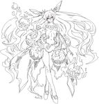  anchorage_hime bow claws cosmic_bear crossed_legs fire flame floating_hair hair_bow hand_on_hip high_heels kantai_collection legs limited_palette long_hair red_eyes rigging shinkaisei-kan simple_background sketch solo spot_color teeth very_long_hair waist_cape watson_cross white_background 