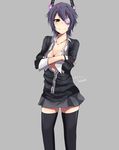  absurdres bad_id bad_pixiv_id black_legwear eyepatch fingerless_gloves gloves grey_skirt headgear highres kantai_collection nakura_haru purple_hair school_uniform short_hair skirt smile solo tenryuu_(kantai_collection) thighhighs yellow_eyes 