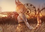  :d ^_^ amusement_park animal_ears arms_behind_back bangs bare_shoulders blonde_hair blush bow bowtie breasts chain-link_fence closed_eyes cowboy_shot elbow_gloves eyebrows_visible_through_hair facing_viewer fence ferris_wheel field from_side gloves grass hands_together happy high-waist_skirt kemono_friends koruse lens_flare looking_back medium_breasts open_mouth outdoors roller_coaster serval_(kemono_friends) serval_ears serval_print serval_tail short_hair skirt sky sleeveless smile solo sunset tail tree v_arms |d 