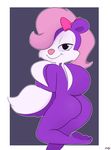  bedroom_eyes butt female fifi_la_fume fur hair hair_bow hair_ribbon half-closed_eyes looking_at_viewer mammal purple_fur ribbons seductive skunk smile solo tiny_toon_adventures warner_brothers zoarity 