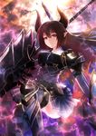  armor bangs boots breasts brown_hair closed_mouth dual_wielding forte_(shingeki_no_bahamut) full_body gauntlets granblue_fantasy holding holding_weapon horns huge_weapon large_breasts long_hair looking_at_viewer marusan pauldrons pointy_ears red_eyes serious shadowverse shingeki_no_bahamut sidelocks skirt solo thighhighs weapon 